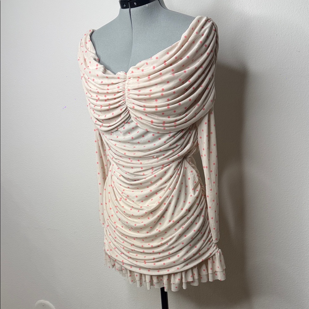 NWT Ruched Long Sleeve Mesh Pink Polka Dot Mini Dress Queen XXL - Picture 3 of 8
